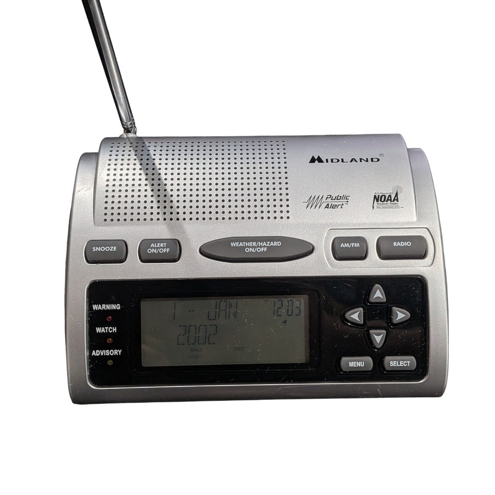 Midland WR-300 Weather Alert Radio Silver Black NOAA AM/FM S.A.M.E. No Cord